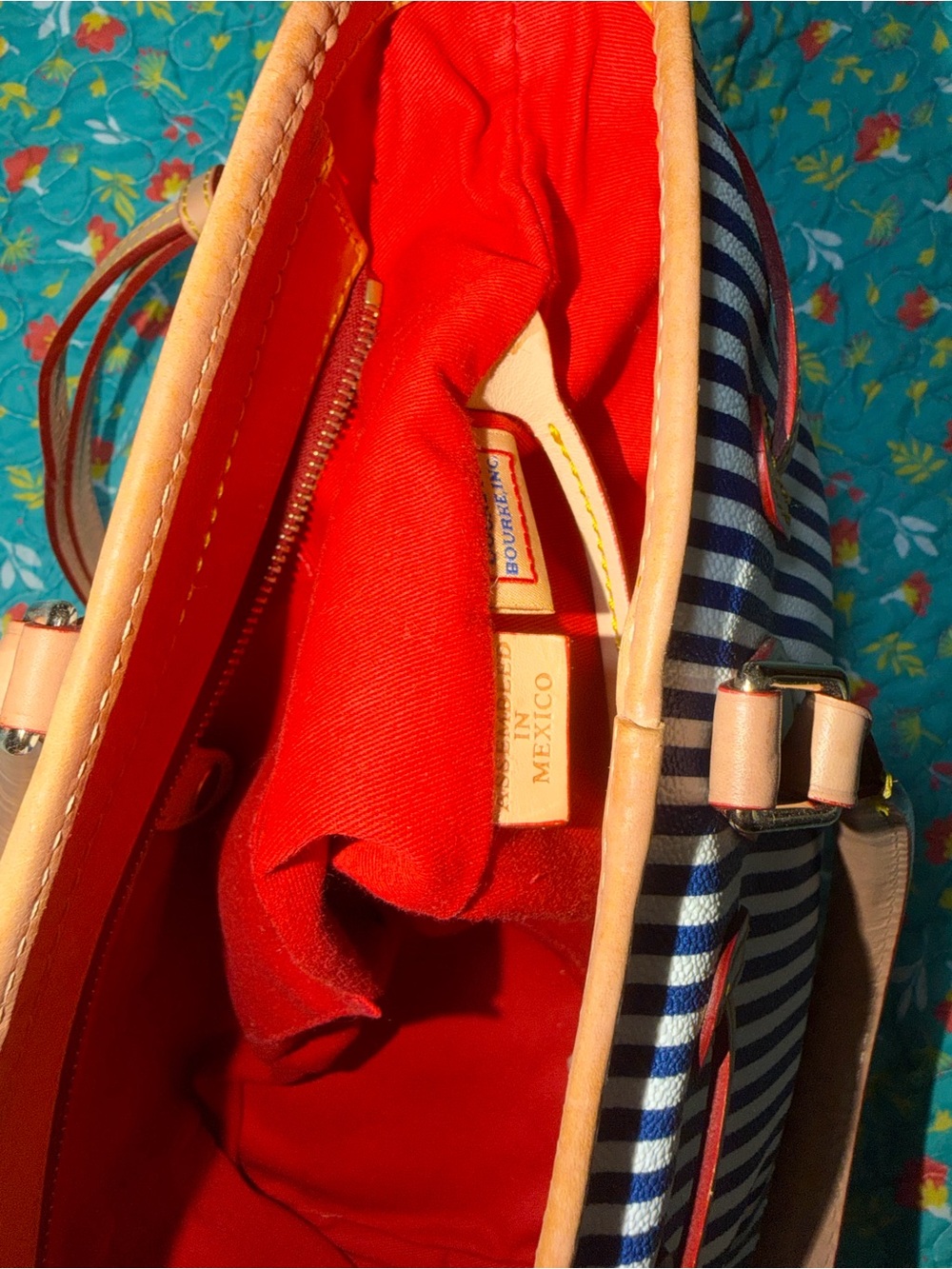 Dooney & Bourke Navy and White Stripe Tote with Tan Trim - Picture 3 of 16